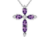 3.45 Carat (ctw) Amethyst Cross Pendant Necklace in 14K White Gold with Diamonds and Chain